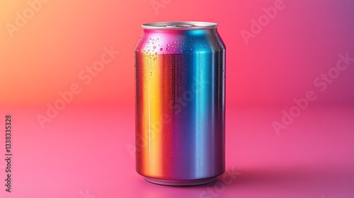 A soda can designed with a striking gradient of colors stands upright on a surface. The background features lively pink and orange hues, enhancing the cans vibrant appearance.