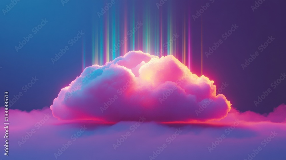 Fototapeta premium Glowing cloud with rainbow light rays in a vivid sky.