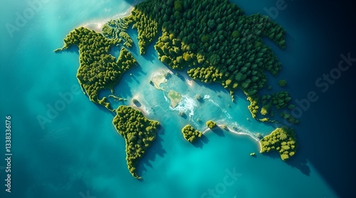 Planet Earth on a Vibrant Green Background: Tree-Crowned Continents and Crystal-Clear Azure Waters – An Ecological Vision for Planetary Survival.