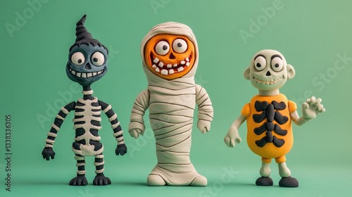 Three smiling clay figures representing spooky halloween characters in color