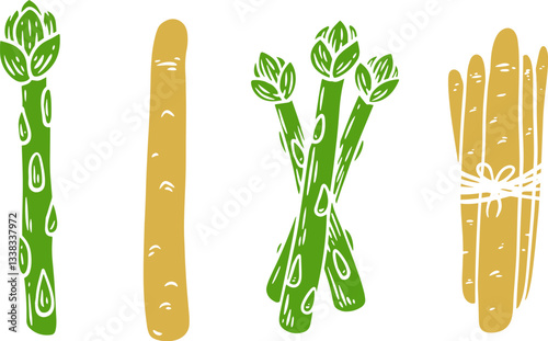 Vector illustration of asparagus in cartoon flat style different shapes. Set of fresh vegetables plants for healthy food. Collection design elements for child textile print, stamp, kids book.