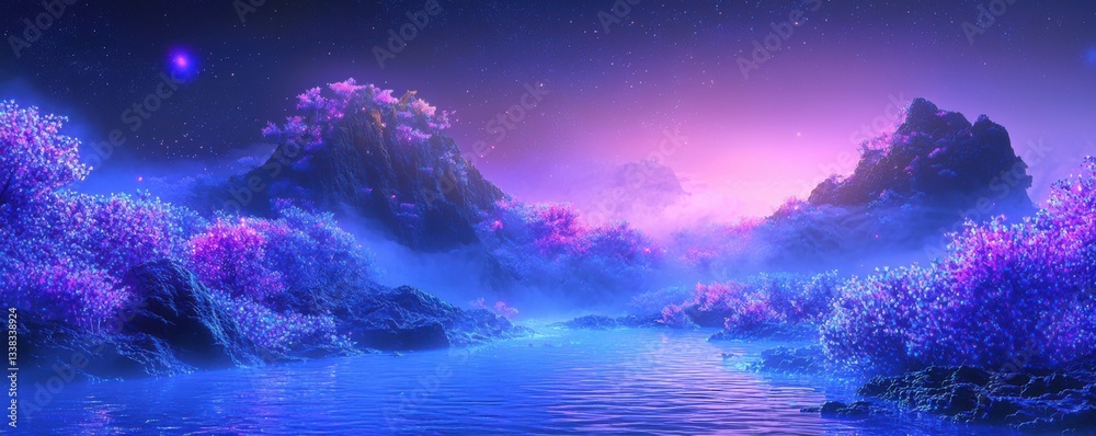 Naklejka premium A serene landscape featuring vivid purple flora, tranquil waters, and mystical mountains under a twilight sky, creating an ethereal, dreamlike atmosphere.