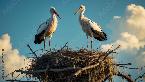 stork nest, stork nest on the pole with two storks