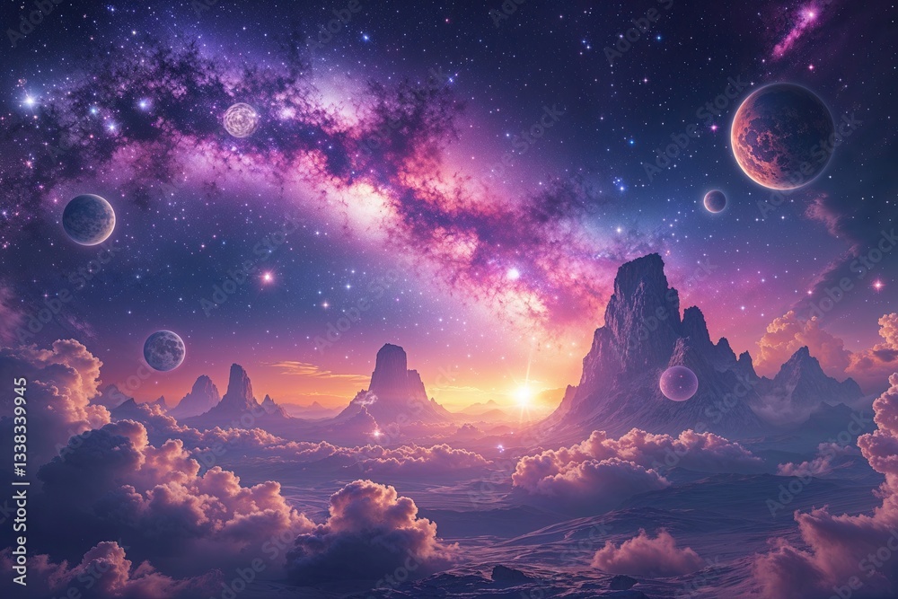 Fototapeta premium Vibrant Celestial Exploration in a Dreamy Cosmic Horizon