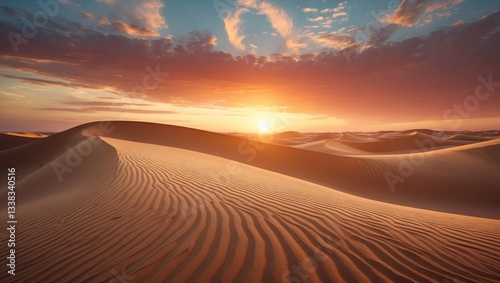 Fototapeta Naklejka Na Ścianę i Meble -  Sunset above sand dunes in the desert. Dry landscape.