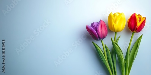 Spring Fling Bright Colorful Tulips on Soft Blue, Minimalist Background with Copy Space