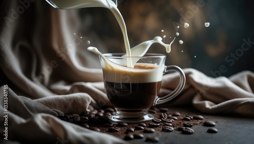 Pouring cream into a glass of coffee.