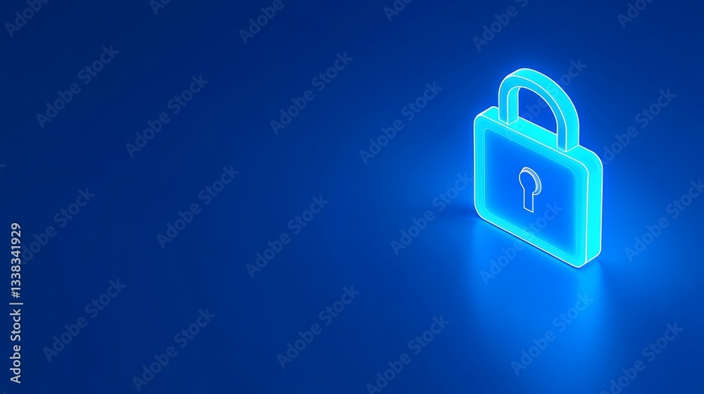 Fototapeta premium Digital padlock icon glowing in blue light on a dark background, symbolizing security and protection online