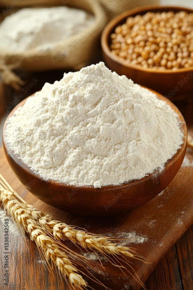 Freshly Milled Flour, Grains, and Wheat Ears Rustic Bakery Ingredients and Food Background Freshly Milled Flour, Grains, and Wheat Ears Rustic Bakery Ingredients and Food Background