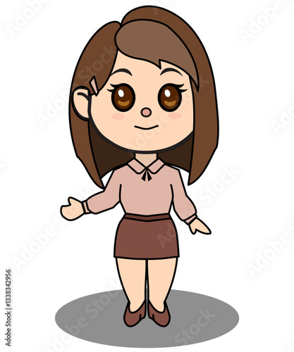 cute girl chibi lovely lady worker teacher student concierge seller selling  introduce introducing teaching beautiful schoolgirl vector graphic element