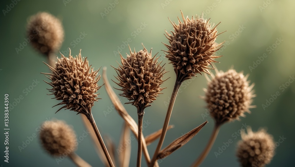Obraz premium Dried seed heads of a plant display a brown, spiky, and intricate structure. The blurred background emphasizes the detailed texture of the seed heads, making this image captivating.
