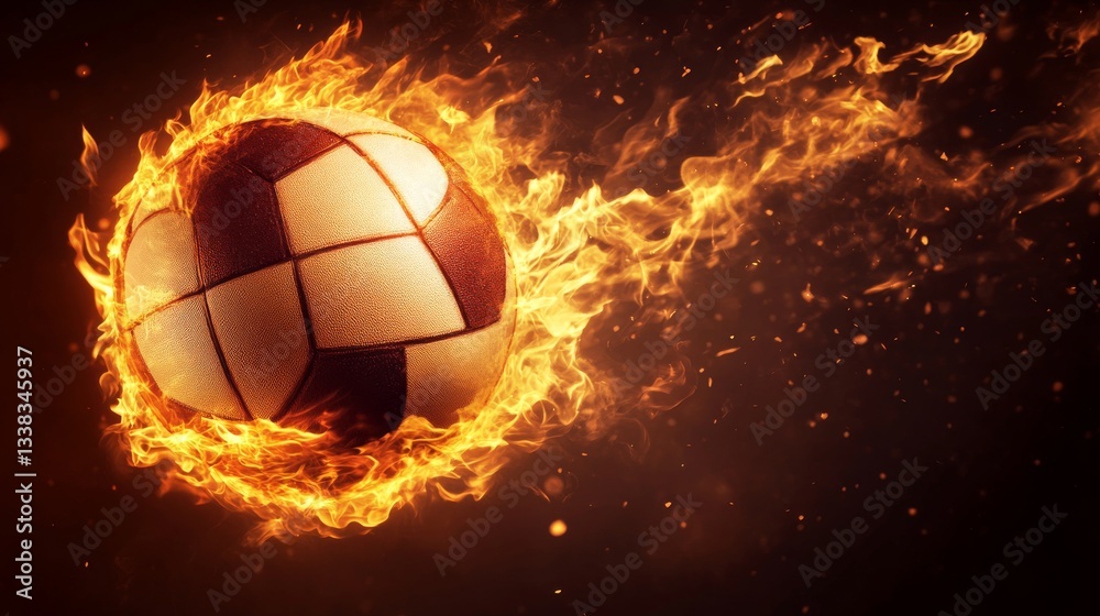 Fototapeta premium Close-up of flying volleyball surrounded by burning flames in mid-air against dark brown background, symbolizing power, speed, and intensity in competitive sports action
