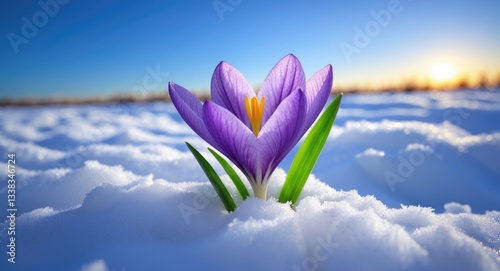 Crocus vernus blooming in snow