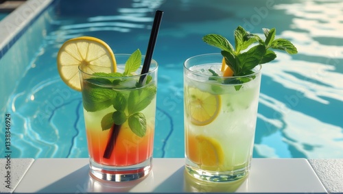 poolside symmetrical cocktails served chilled at the bar with mojito and gin and tonic lemonade