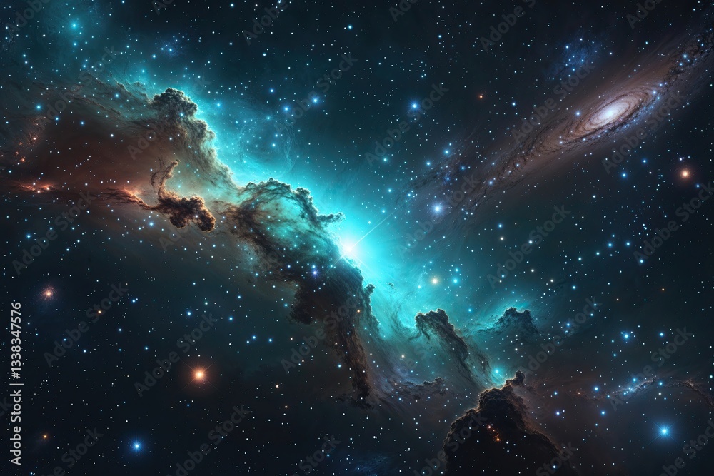 Fototapeta premium Teal Nebula Shining in a Celestial Galaxy with Starry Atmosphere