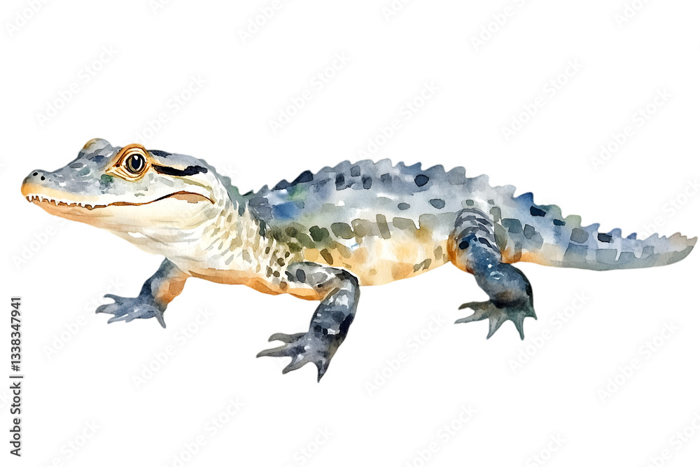 Fototapeta premium Watercolor Illustration of a Gray Alligator on Transparent Background Featuring Scale Details and Realistic Texture