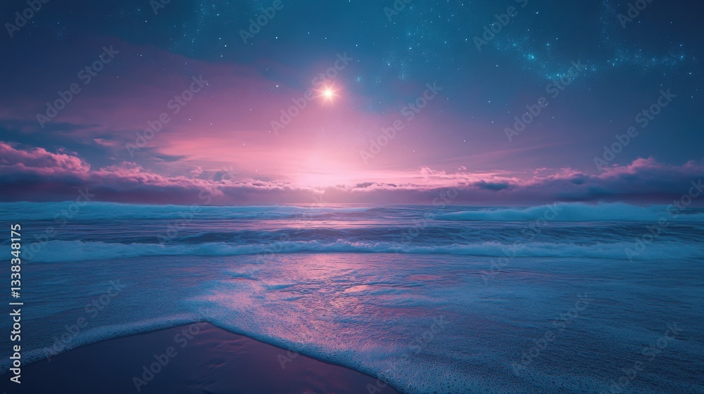 Fototapeta premium Glowing star above a beach under a dark sky.