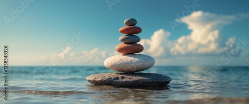 Concept of harmony and balance. Stacked stones by the sea. Zen rocks arranged like scales.