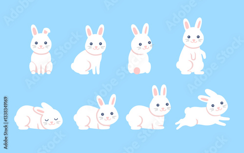 Cute white baby rabbit, hare animal set for Easter design in different poses. Animal bunny in cartoon style. Rabbit stand, sit, lye and sleep, jump and play. Vector illustration on blue background