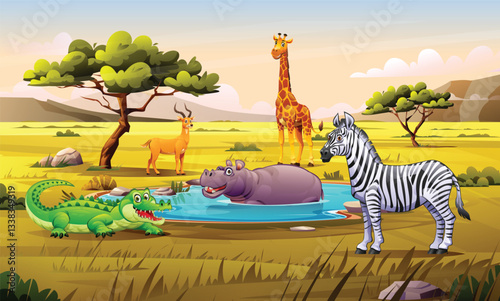 A zebra, giraffe, hippopotamus, crocodile, and antelope in a savanna with trees and a watering hole. Vector cartoon illustration