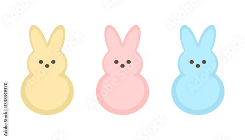 Marshmallow peeps, Easter bunnies different colors set. Small cute colorful rabbit candy. Collection sweet confectionery. Vector flat illustration
