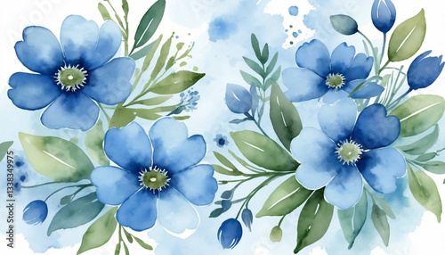 Blue flowers in watercolor style with green leaves and copy space for text