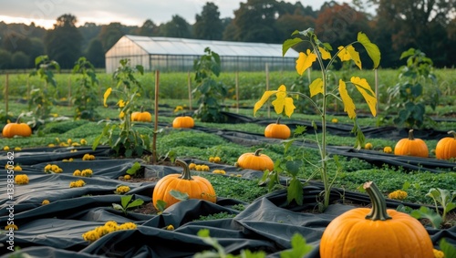 Pumpkin vines growing over dark garden fabric to suppress weeds, featuring a greenhouse in the distance.