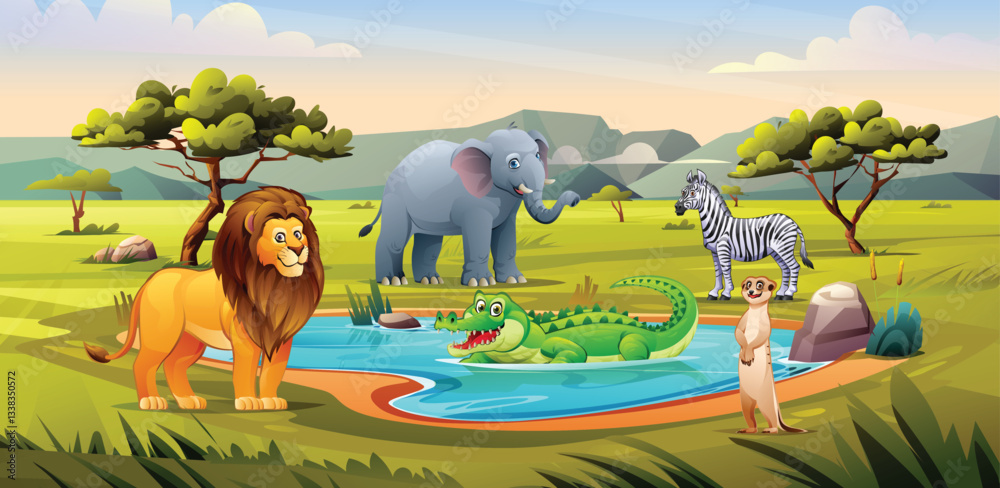 Fototapeta premium A lion, zebra, crocodile, elephant, and meerkat gather around a watering hole in a savanna setting with trees. Vector cartoon illustration.