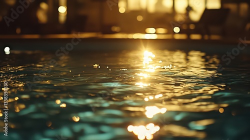 The serene water surface of a crystal-clear pool, perfectly smooth and reflecting the warm golden rays of the sun.