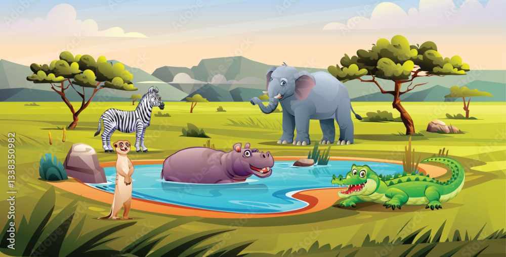 Fototapeta premium A zebra, elephant, hippopotamus, meerkat, and crocodile near a watering hole in the savanna. Vector cartoon illustration