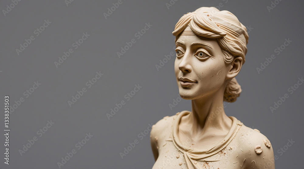 Obraz premium A photograph of a clay sculpture depicting a person, male or female, in an everyday situation. The sculpture showcases textured surfaces and modeled shapes.jpg