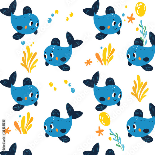 The pattern of cute blue fish with algae