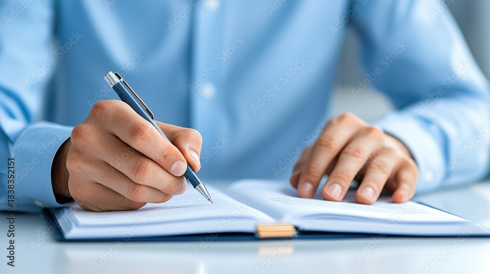 A person writing in a notebook with a pen, conveying focus and productivity. A person writing in a notebook with a pen, conveying focus and productivity.