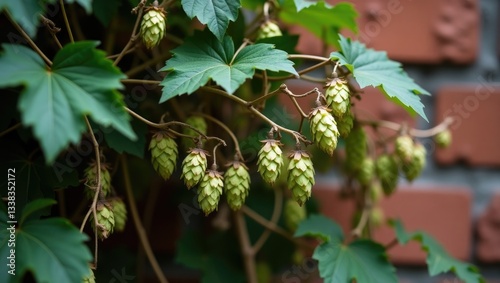 Autumn dry hop cones developing on a vine climbing the wall. An ingredient used in beer and various alcoholic beverage production.