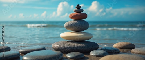 Concept of harmony and balance. Stacked stones by the sea. Rock zen arranged like scales.