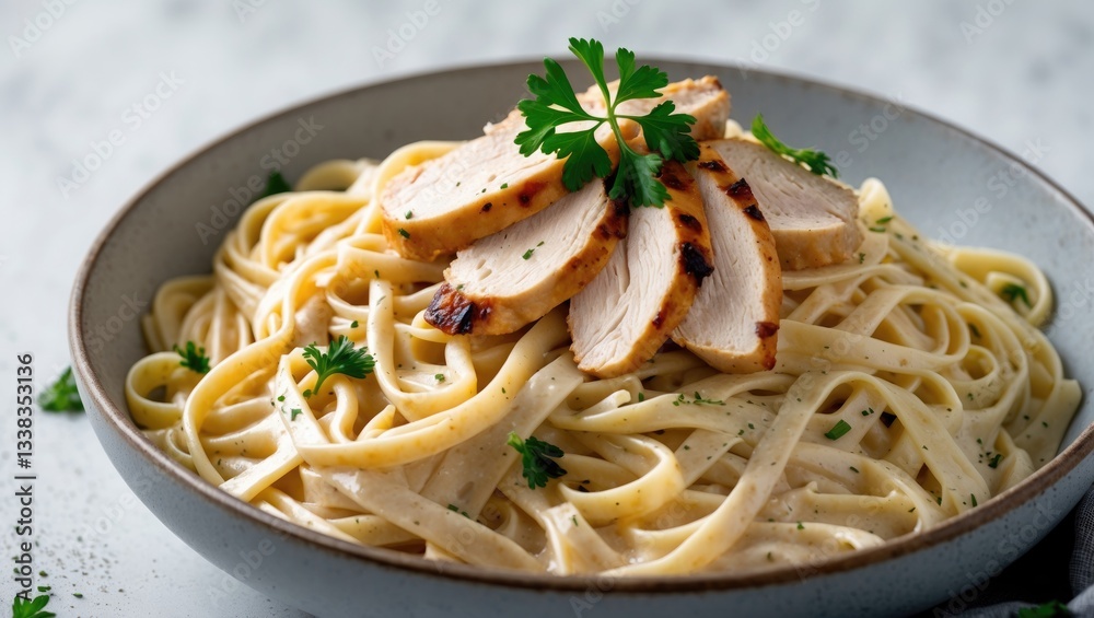 Fettuccine Alfredo with chicken presented in a bowl, captured from an angled perspective. The pasta and creamy sauce create an enticing appearance. Fettuccine Alfredo with chicken presented in a bowl, captured from an angled perspective. The pasta and creamy sauce create an enticing appearance.