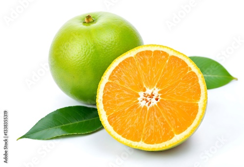 Fresh orange with green leaf and lime slice isolated on white background photo