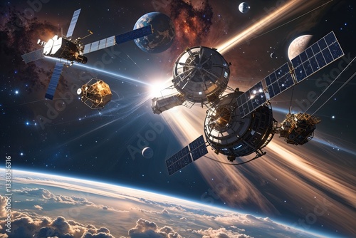 Fototapeta Naklejka Na Ścianę i Meble -  Exploring Futuristic Space Stations and Satellites Orbiting the Universe