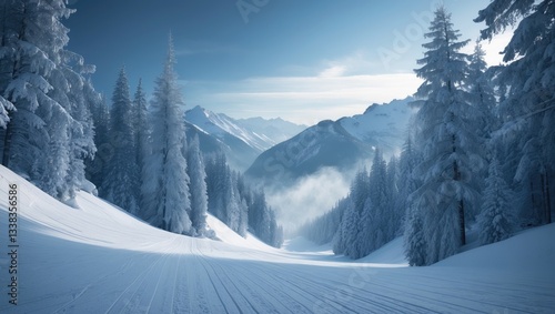 Prepared ski slope with mountainous backdrop. photo