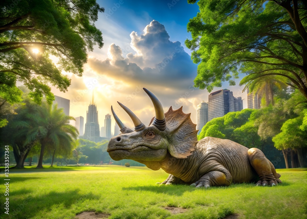 Fototapeta premium A majestic triceratops rests peacefully on a lush green lawn, its iconic frill and horns catching the sunlight 