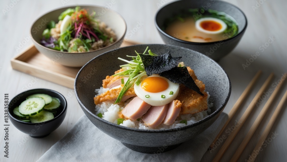 Katsudon meal set, featuring deep-fried pork accompanied by egg and miso soup. Katsudon meal set, featuring deep-fried pork accompanied by egg and miso soup.