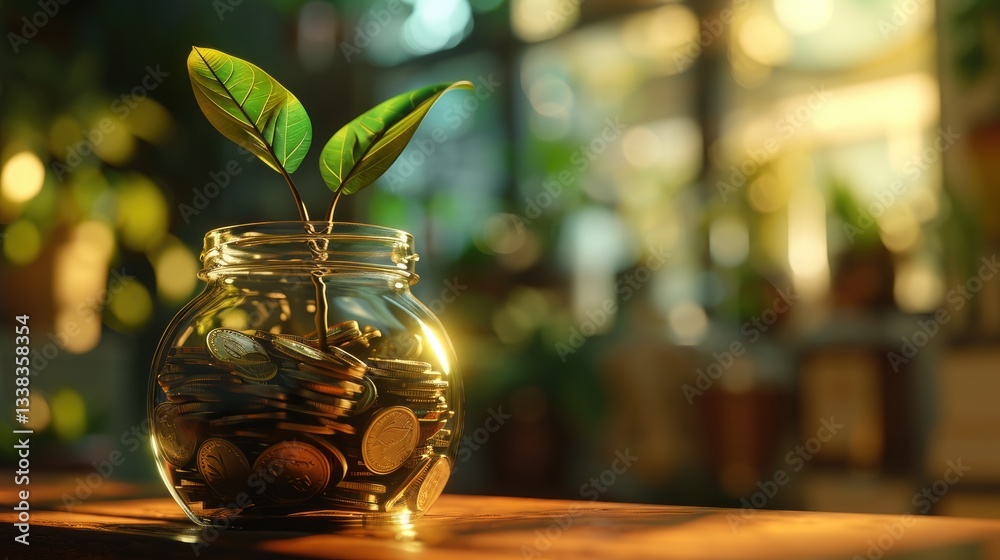Glass Jar Filled With Coins And A Growing Plant