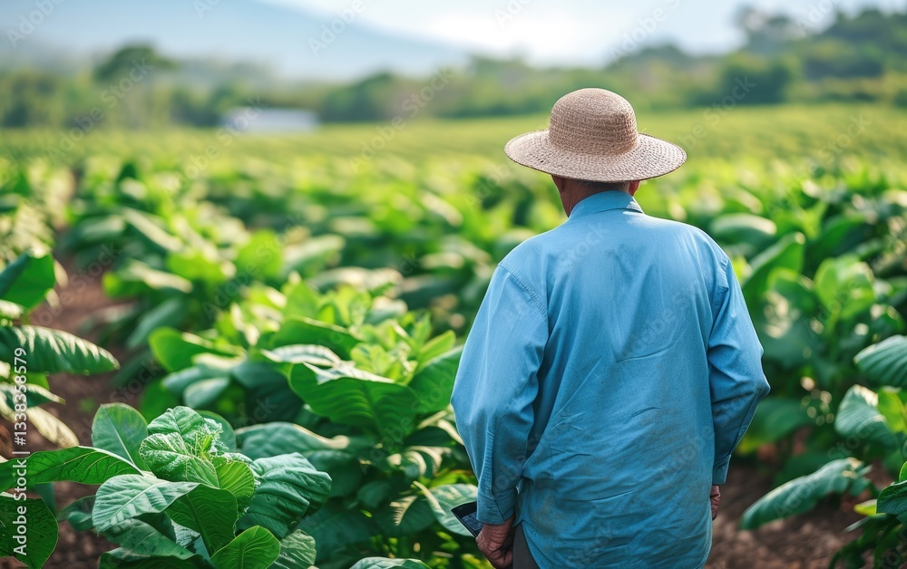 An elderly farmer stands in a tobacco field, his back to the camera, surveying his crop.