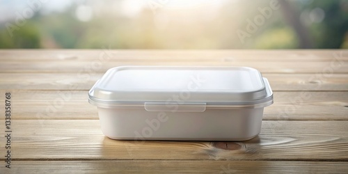 Reusable Plastic Lunch Box Mockup - Empty Container on Wooden Table