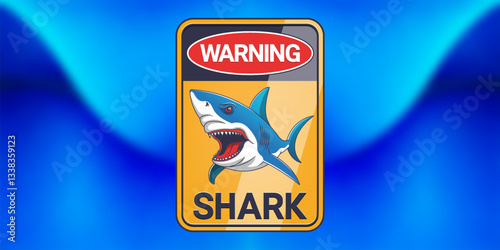 Vector color cartoon rectangular beach information sign. Scary toon shark with red open toothy mouth. Warning. Blue blurred wavy sea background. Dangerous underwater marine fauna. Fish predator