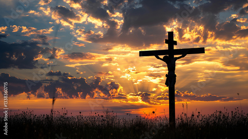 Jesus on cross in silhouette with yellow sun light in background good friday poster