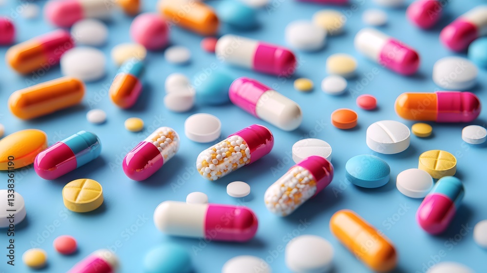 A Stunning Layout of Vivid Capsules and Pills Against a Serene Light Blue Background Highlighting Their Diversity and Color A Stunning Layout of Vivid Capsules and Pills Against a Serene Light Blue Background Highlighting Their Diversity and Color