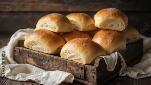 Homemade potato bread buns on a wooden tray.