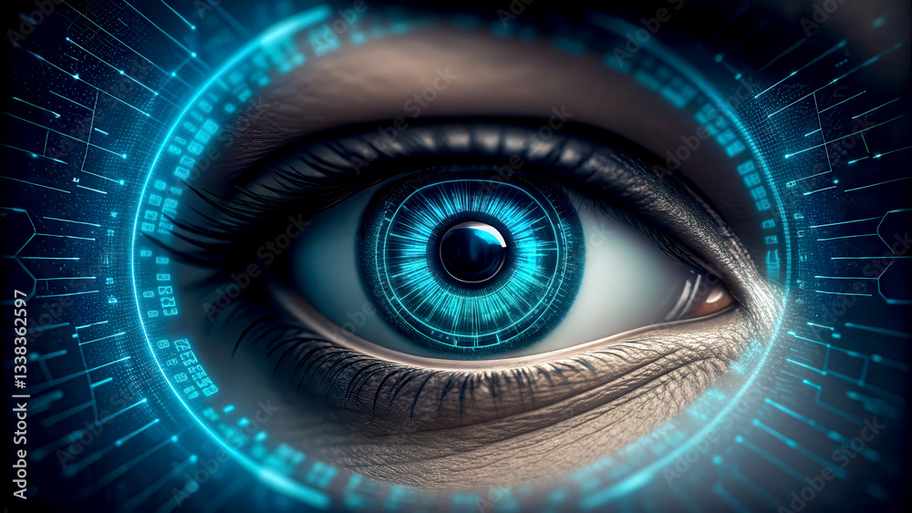 Self-Learning AI concept. A close-up of a futuristic, blue digital eye surrounded by glowing circuits, symbolizing technology and vision. Self-Learning AI concept. A close-up of a futuristic, blue digital eye surrounded by glowing circuits, symbolizing technology and vision.