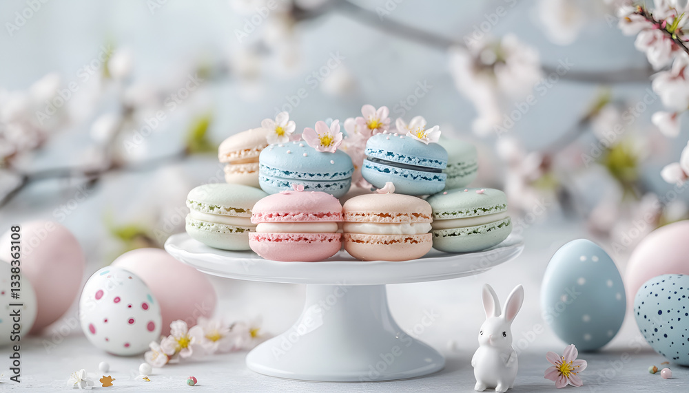 Obraz premium Cheerful springtime easter sweets display with pastel macarons and decorative bunnies - a minimalistic celebration of festive treats
